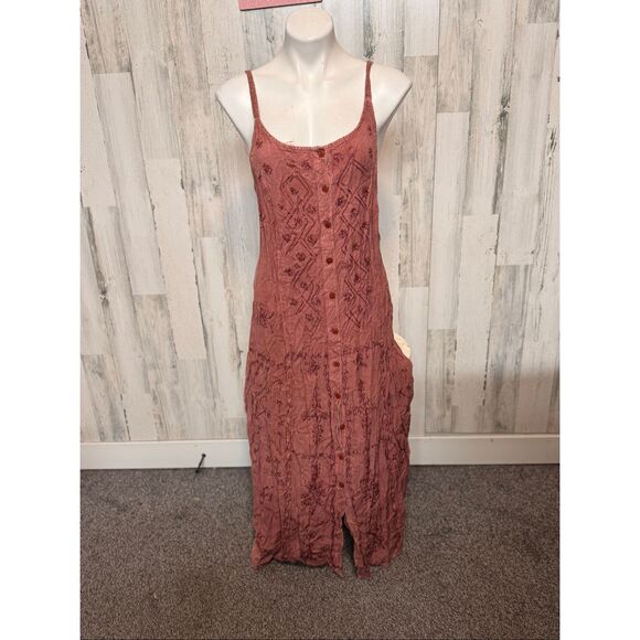 Spellbound NYC Boho Maxi Dress XL Brown Embroidered Button Front Rayon - Picture 4 of 6